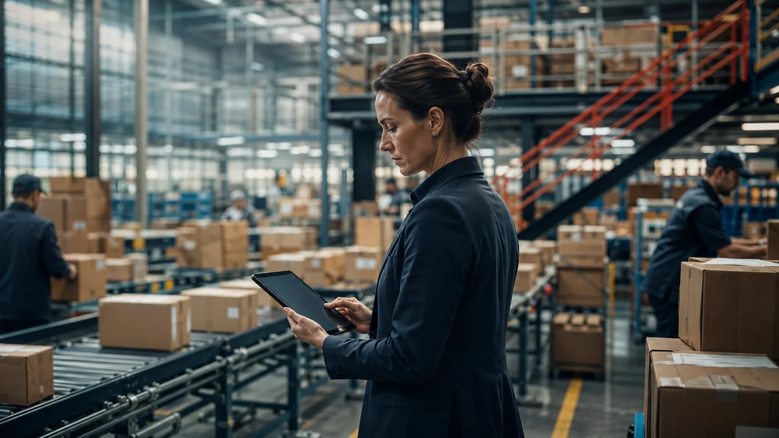 Responsable logistique contrôlant des expéditions sur tablette dans un entrepôt e-commerce